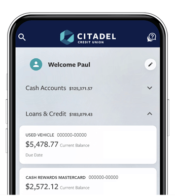 A smartphone showing Citadels Online & Mobile Banking