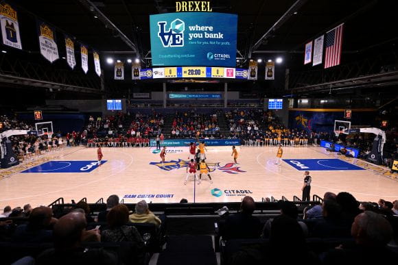 A basketball game being played at Drexel